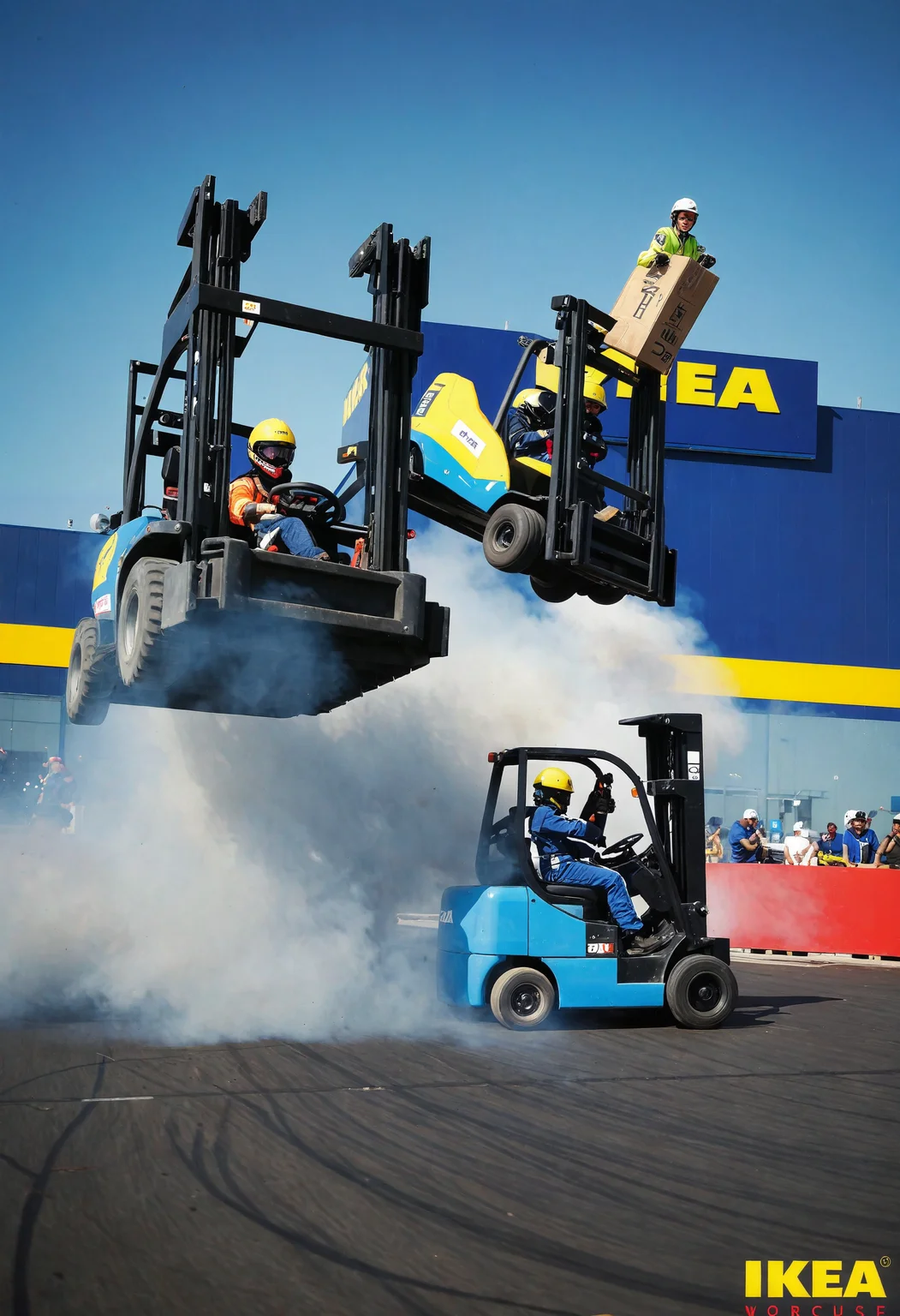 IKEA warehouse race, dynamic composition, multiple workers racing on forklifts, one forklift mid-air, outdoor setting, high-speed photograph, vibrant blue sky backdrop, motion blur elements, rally event atmosphere, drifting, smoke, nitro, IKEA logo