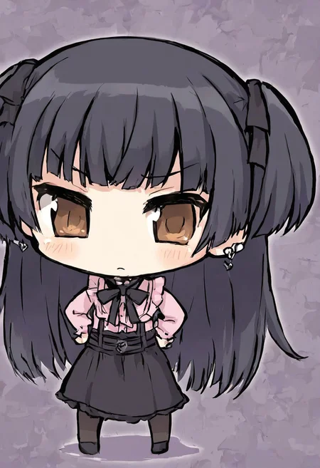 score_4,score_5,score_6,score_7_up,score_8_up,score_9 ((masterpiece,best quality,ultra detailed,highres,HD,4k:1.2)),
1 girl,solo,face focus,
chibi,full body,deformed,| |,
fuyuko mayuzumi, black hair, brown eyes, long hair, two side up,
black bow, black bowtie, black ribbon, black skirt, bow, bowtie, frilled shirt, frills, jirai kei, long sleeves, neck ribbon, pink shirt, ribbon, shirt, skirt, white shirt,
hands on hip,
looking at viewer,from front,front view,front angle,
frown,blush,closed mouth,
