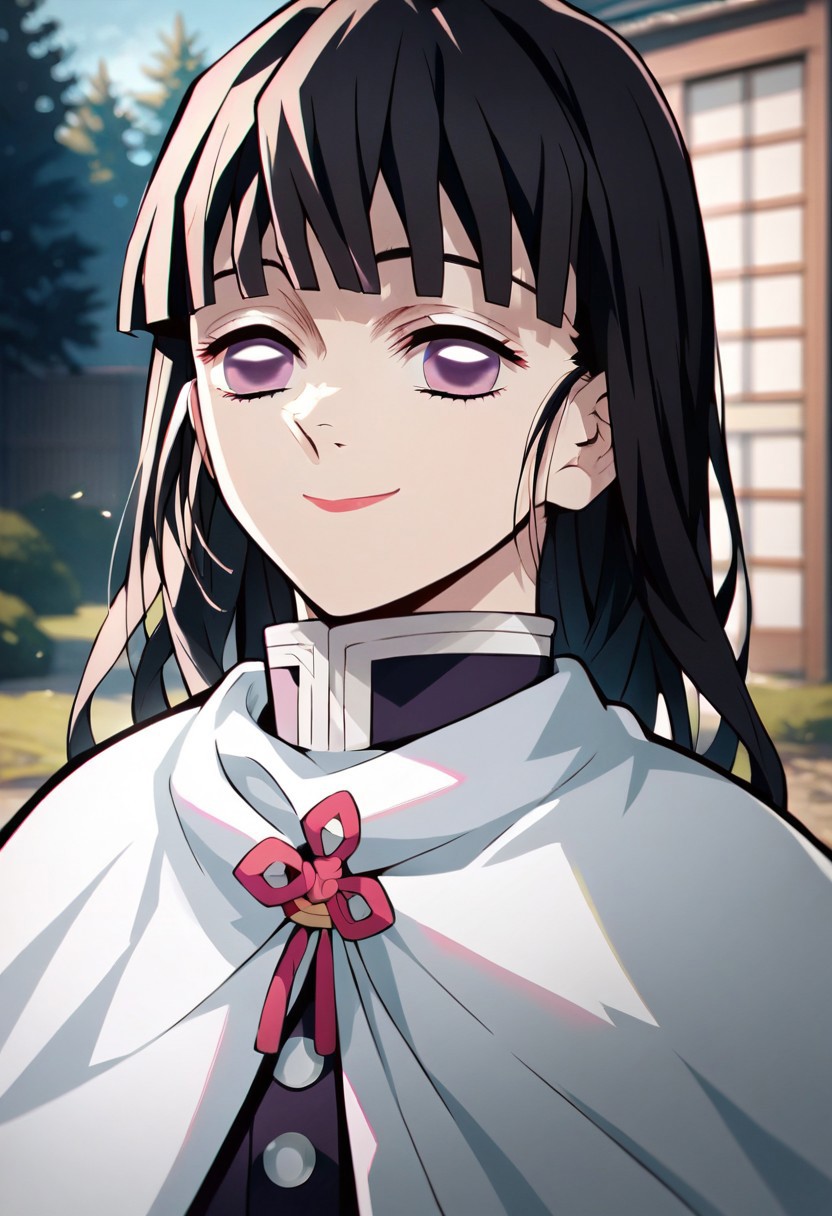 score_9,score_8_up,score_7_up,source_anime, tsuyuri kanao,1girl,solo,long hair,looking at viewer,smile,closed mouth,outdoors,cape,portrait,white cape,demon slayer uniform,