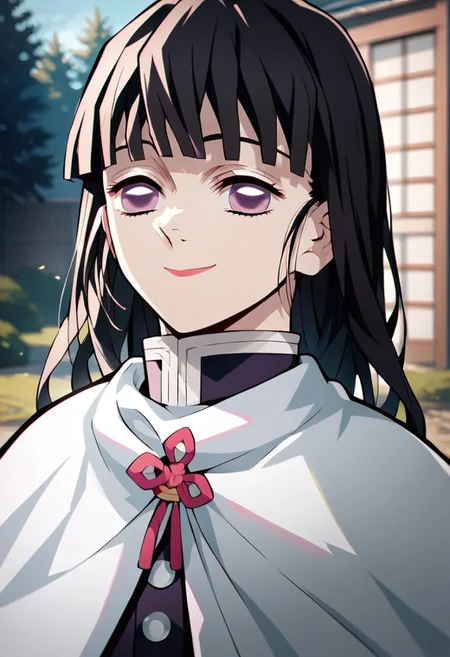 score_9,score_8_up,score_7_up,source_anime, tsuyuri kanao,1girl,solo,long hair,looking at viewer,smile,closed mouth,outdoors,cape,portrait,white cape,demon slayer uniform,