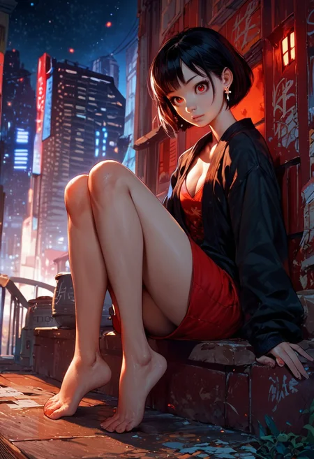 zPDXL2, score_9, score_8_up, score_7_up, source_anime, pale skin, asian, cute, 1girl, solo, pale skin, cute, red eyes, black hair, short hair, bangs, cleavage, earrings, legs, feet, mid drift, city, night, stars, sitting, legs, sexy legs,