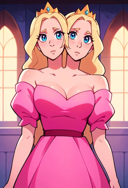 score_9, score_8_up, score_7_up, score_6_up, score_5_up, <lora:st3v3nXLP:1> st3v3n, princess, puffy sleeves,cleavage, solo, medium breasts, off-shoulder pink dress, 1girl with twoheads, long hair, blonde hair, blue eyes, indoors, castle,