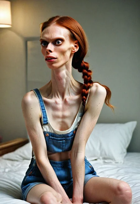 full body photo of ((Helga:1.2)) very ugly, detailed acne, red hair, shirtless overall, braided hair, sitting on bed, scene is bedroom, (sultry flirty look), ((gorgeous symmetrical face)), cute natural makeup, realistic, concept art, elegant, highly detailed, intricate, sharp focus, depth of field, f/1. 8, 85mm, medium shot, mid shot, (((professionally color graded))), sharp focus, bright soft diffused light, (volumetric fog),