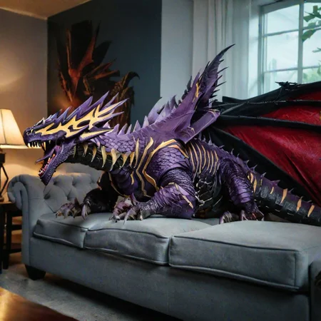 raw photo,cineatic shot,professional photography,solo,a dexdoru dragon laying on the couch in a living room
