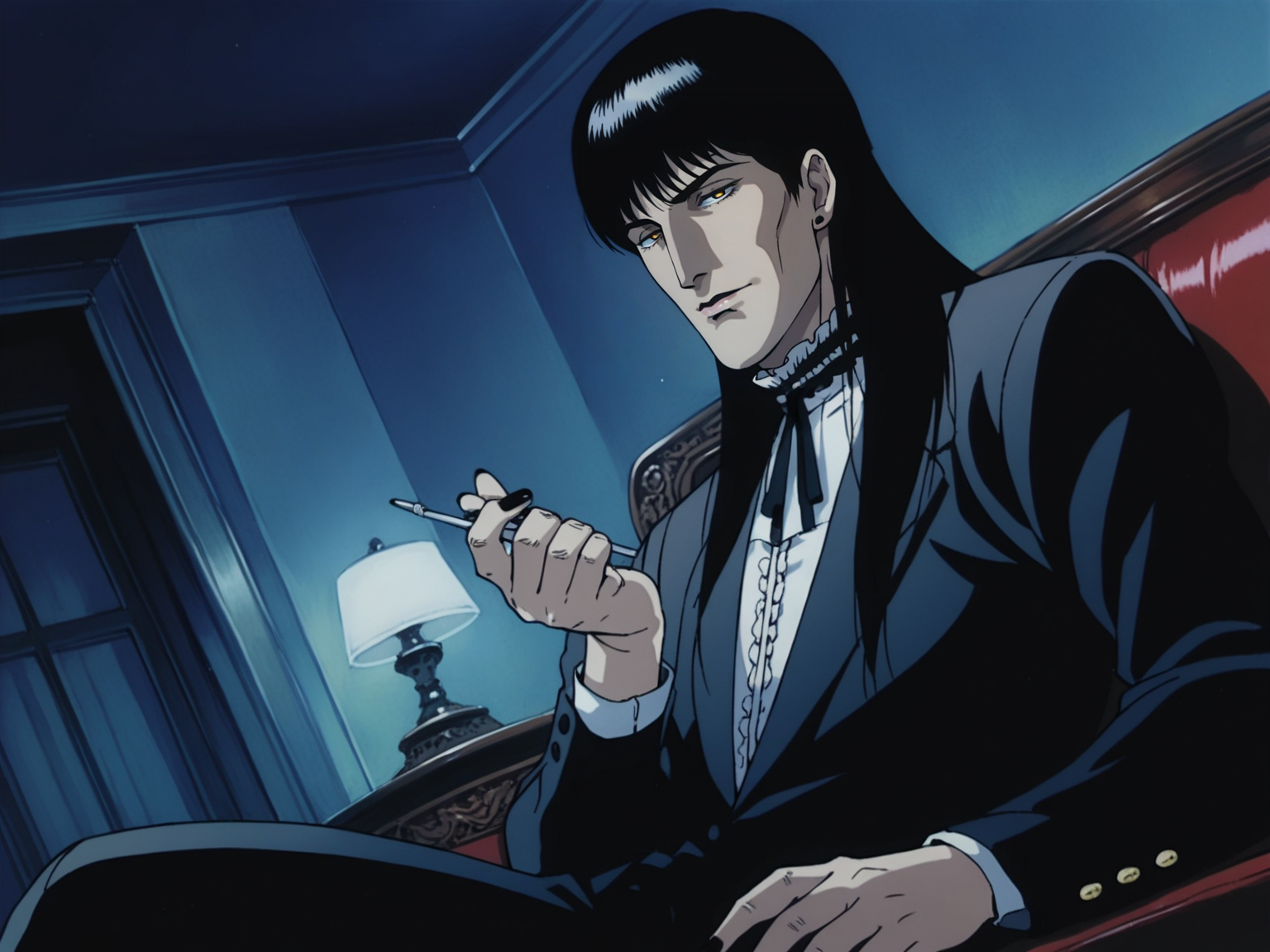 1boy, male focus, yellow eyes, mature, vampire, black hair, long hair, nail polish, black nails, black tailcoat, pants, victorian shirt, luxory interior, bedroom, gothic, indoors, night, solo, dutch angle, <lora:ScrollD:0.8>, score_9, score_8_up, score_7_up, zPDXL3