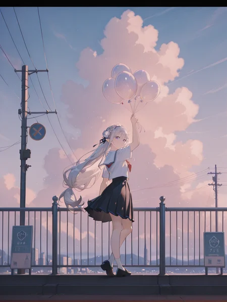 perfect quality,high quality,masterpiece,best quality,amazing quality,very aesthetic,absurdres,newest,looking_at_viewer,
EmiliaCYQL,1girl,elf,long hair,very long hair,bangs,grey hair,braid,crown braid,low-tied long hair,hair ornament,x hair ornament,flower,hair flower,white flower,ribbon,hair ribbon,purple eyes,pointy ears,
skirt,sky,balloon,ligneclaire,outdoors,railing,schooluniform,cloud,bluesky,letterboxed,day,powerlines,scenery,shirt,whiteshirt,shortsleeves,pleatedskirt,standing,wideshot,sign,serafuku,shoes,blackskirt,againstrailing,leaningforward,holding,utilitypole,,
<lora:Emilia_Illustrious by Cyql:1>,<lora:USNR STYLE_XL_loha:0.2>,usnr,<lora:suzukasuraimuILL:0.5>,<lora:illustrious_all_rated_v1:0.8>,<lora:Artist_style_Rella_-_Illustrious-XL_r1:0.2>,<lora:reij-rt:1>,suzukasuraimu,rella,<lora:CUTE2712_Illustrious by Cyql:1>,CUTE2712,