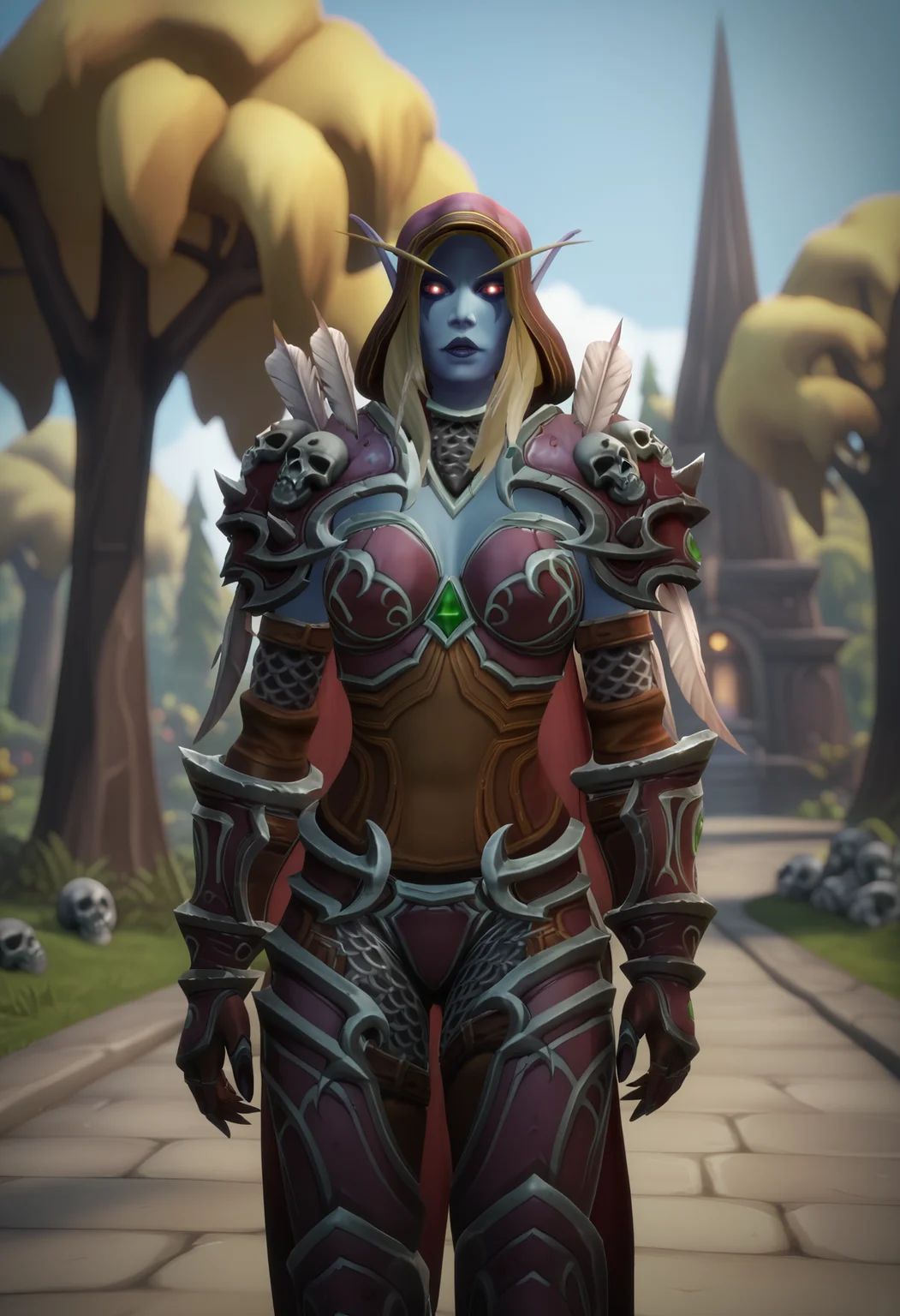 score_9, score_8_up, score_7_up,cinematic light,3d,masterpiece, high quality, highres,
uncensored,intricate details,
mature female,
sylvanas, elf, armor, blue skin, colored skin, 1girl, blonde hair, solo, hood, pointy ears, shoulder armor, red eyes, pauldrons, glowing eyes, glowing, skull, long hair, quiver, breasts, gauntlets,cape, undead,feathers,
standing, looking at viewer,
cowboy shot,
sidelighting,
perfect anatomy, world of warcraft, contrast,
scenery, outdoors, forest, pine tree,
Detailed Background,fantasy,
<lora:fugtrup-guy-PONYv2:0.8> <lora:Sylvanas_Windrunner_by_Nyx:0.9>