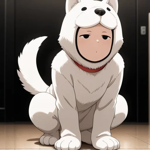 masterpiece, best quality, amazing quality, WDM-OPM, man in dog suit, white dog suit, black eyes, red dog collar, white dog tail, animal costume,, <lora:e2afe891-6427-439f-892a-c7b6c53b9bd6:0.7>