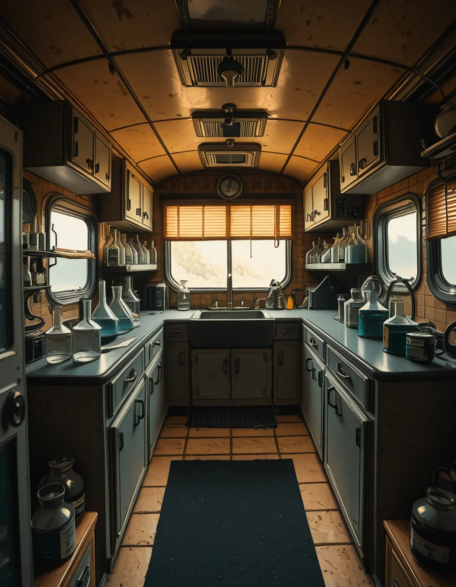 The interior of an old RV converted into a clandestine drug laboratory, inspired by the TV series Breaking Bad. The space is cramped and messy, filled with scientific equipment, glass beakers, flasks, burners, chemical containers, and lab tools scattered around. The walls are aged and stained, with peeling wallpaper and old metallic cabinets. A small sink area is cluttered with dirty lab glassware. The lighting is dim and tinted yellow, with sunlight barely filtering through dusty blinds. The floor is grimy, with a mix of rubber mats and worn carpet. The overall atmosphere is tense and gritty, capturing a sense of secrecy and danger. Hyper-realistic style, cinematic composition, rich in textures and shadows.
<lora:SDXLFaeTastic2400:0.4> <lora:extremely_detailed:0.4> extremely detailed,old RV drug l4b0r4t0ry, <lora:old_RV_drug_l4b0r4t0ry-i:1>, Masterpiece,best quality,hi res,8k,hi res,8k,award winning,(sharp focus, intricate, highly detailed),