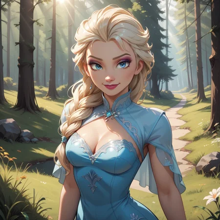 score_9, score_8, BREAK, solo, Elsa, slender figure, platinum blonde hair, braided ponytail, bluey eyes, eyeshadow, lipstick, dress, sexy pose, self portrait, smile, outdoors, sunlight, shadows, evening lighting, natural lighting, forest, trees, grass, orange sky, sunset