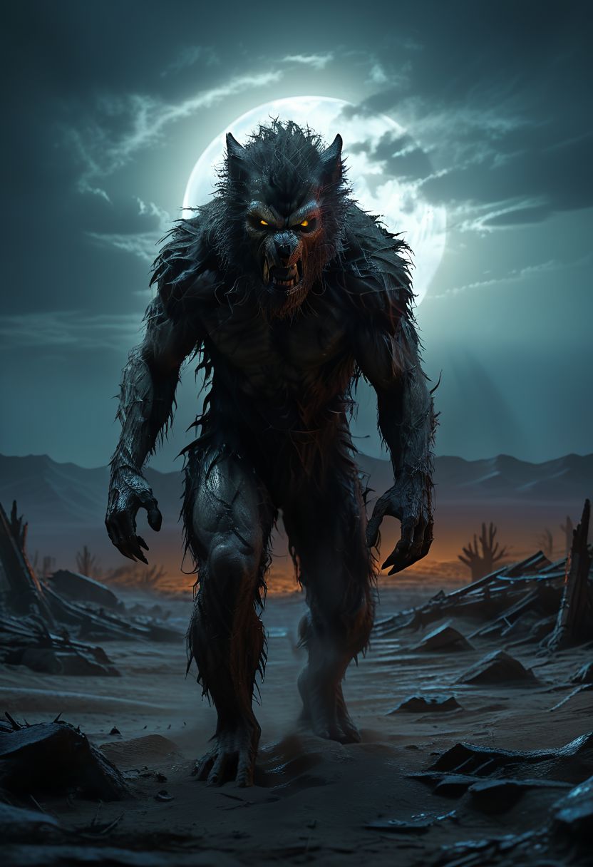 Masterpiece, 32k, photorealistic:1.4,  ((((SFW)))), score_9, score_8_up, score_7_up, Werewolf at night,  Immerse yourself in a desolate post-apocalyptic worl,wandering through the desolated, barren land. Feel the overwhelming sense of loneliness and melancholy as you gaze into the distance. Utilize HDR and ray tracing to enhance the atmospheric lighting and capture the haunting beauty of the backdrop, KodakPhotoMaybe, Fallout, Cyberpunk, vltdr, werewolf, desert