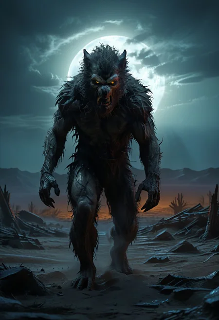Masterpiece, 32k, photorealistic:1.4,  ((((SFW)))), score_9, score_8_up, score_7_up, Werewolf at night,  Immerse yourself in a desolate post-apocalyptic worl,wandering through the desolated, barren land. Feel the overwhelming sense of loneliness and melancholy as you gaze into the distance. Utilize HDR and ray tracing to enhance the atmospheric lighting and capture the haunting beauty of the backdrop, KodakPhotoMaybe, Fallout, Cyberpunk, vltdr, werewolf, desert