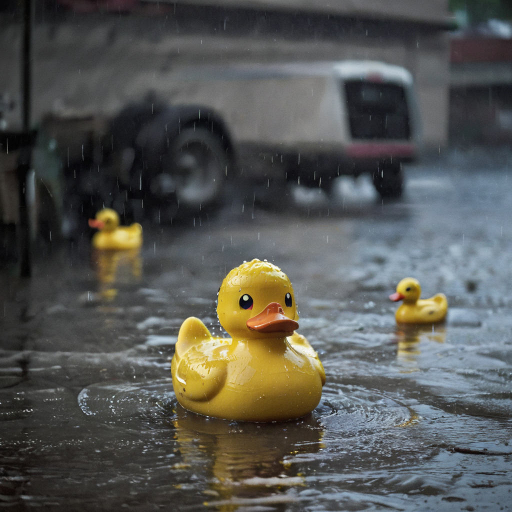 rubber duck in the pouring rain<lora:pouring_rain_XL:1>