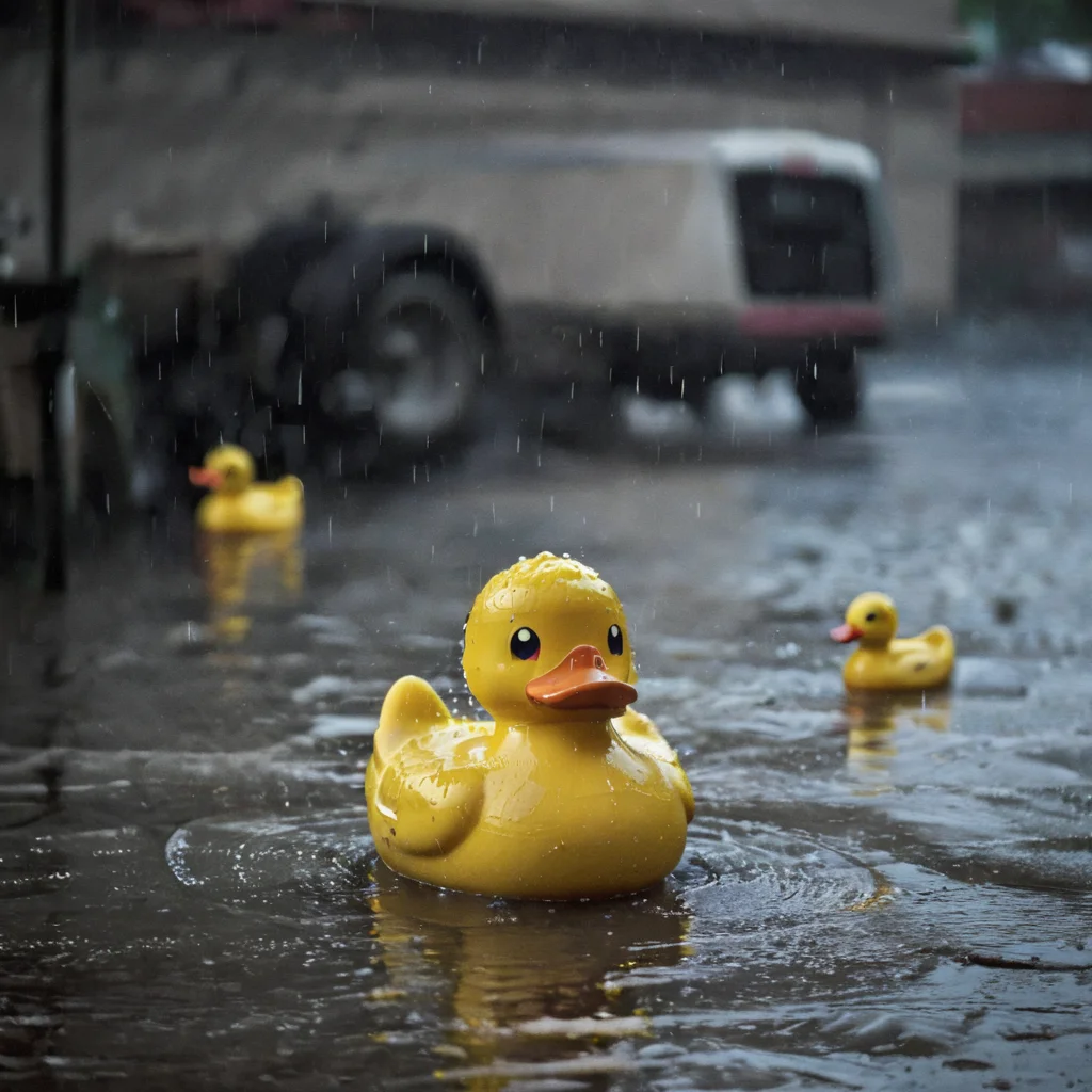 rubber duck in the pouring rain<lora:pouring_rain_XL:1>