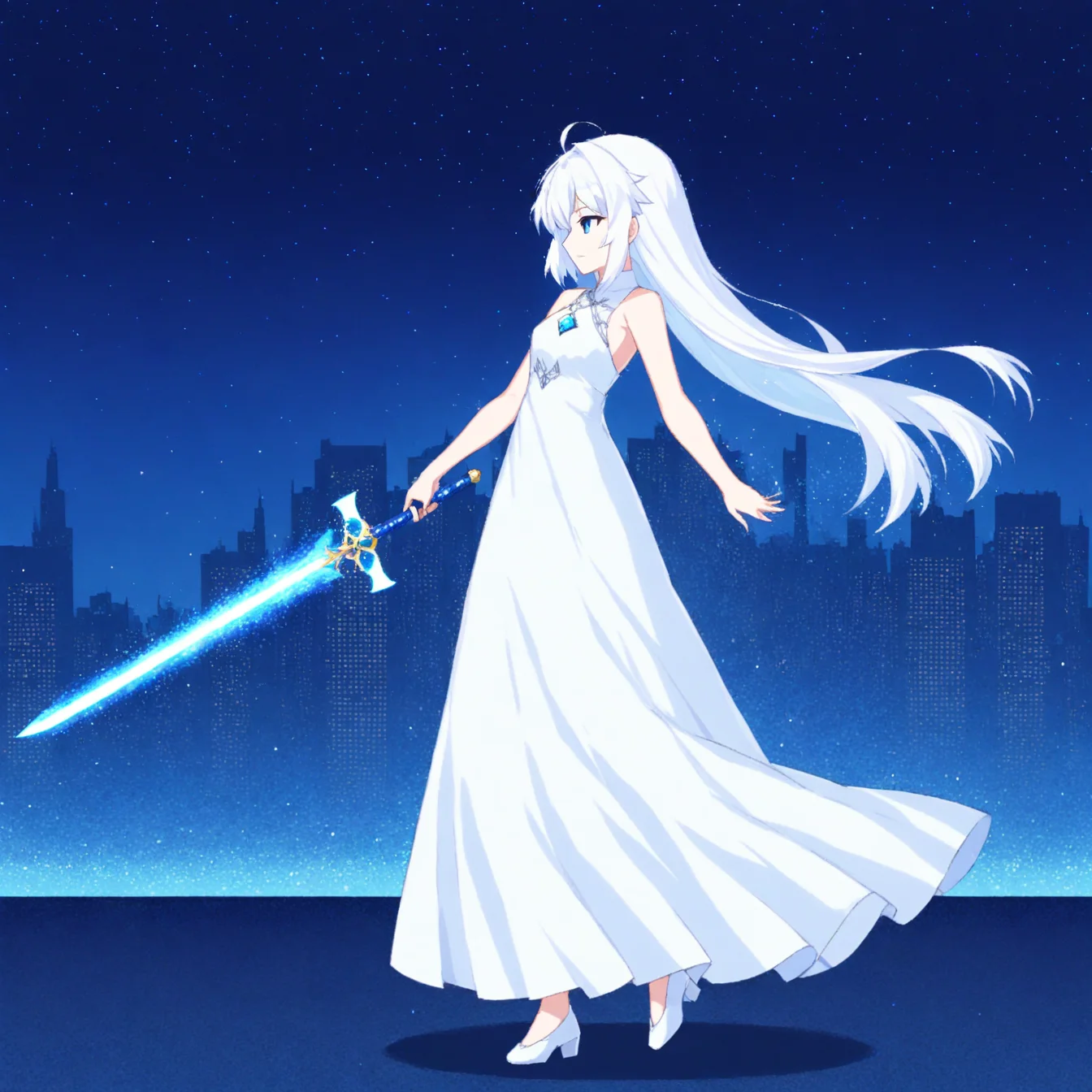 1girl, long dress, white dress, white hair, blue eyes, light particles, holding weapon, holding sword,
cityscape, solo,
fgo sprite, full body, standing
<lora:fgo_sprites_xl_lora-step00007000:1>