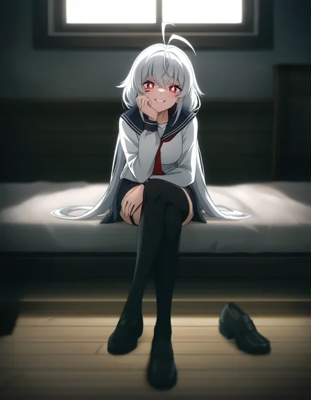 anime screencap,game cg,cinematic lighting,cinematic angle,motion blur,indoors,dark,blurry,evil smile,windows,landscape,wide shot,
looking at viewer,crossed legs,black thighhighs,blurry background,smile,hand on own cheek,full body,
sailor skirt,sailor collar,(sailor:1.2),serafuku,
spfaniya,1girl,solo,white hair,red eyes,facial mark,antenna hair,symbol-shaped pupils,+ +,bangs,hair between eyes,small breasts,<lora:spfaniya_noob:0.75>,
masterpiece,best quality,very aesthetic,absurdres,