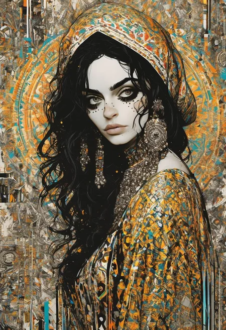 Persian Girl, textless poster,Jim Mahfood,Enki Bilal, hyper detailed, high contrast, Expressive Ink Dynamics, Glitchpunk,Anthony Burrill,Christopher Wool, one color background,<lora:Sinozick:1> <lora:add-detail-xl:0.5> <lora:xray:0.5> <lora:MJ52:0.5> <lora:sdxl_photorealistic_slider_v1:2>