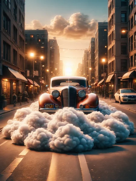 ais-cloudz, vintage car parked on a city street at sunset, surrounded by glowing street lights <lora:Cloudz_Style_SDXL:1>