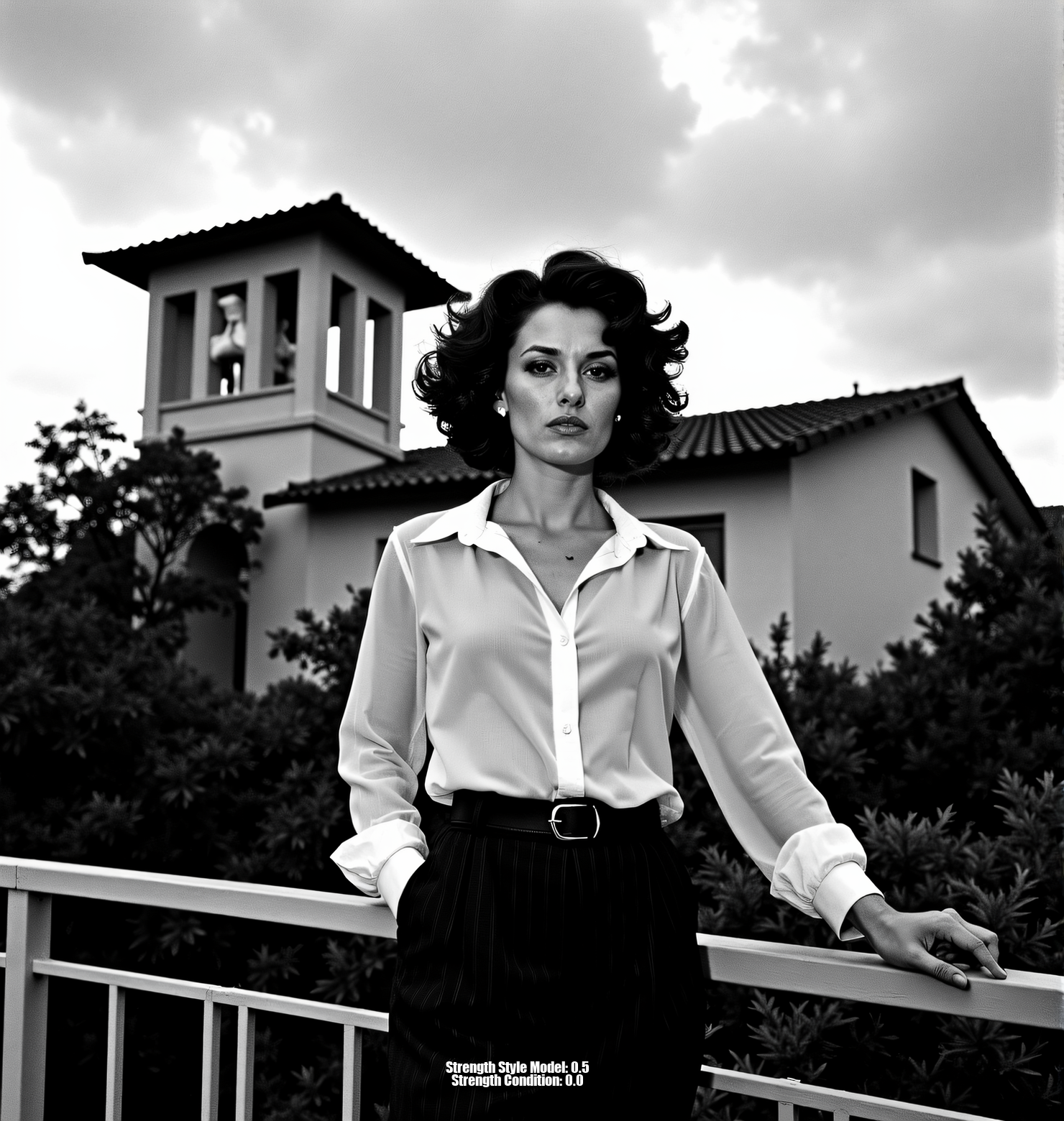 A high-contrast black and white photograph, inspired by Helmut Newton and Peter Lindbergh. A glamorous woman with short, curly hair, wearing a partially unbuttoned sheer button-down shirt tucked into high-waisted trousers. She leans against a railing, cigarette in hand, against a backdrop of cloudy skies, architectural details, and foliage. Shot from a slightly low angle with strong chiaroscuro lighting, creating deep shadows and a dramatic mood. Sharp focus on the foreground with a shallow depth of field. Evoke a timeless, sophisticated aesthetic, reminiscent of classic Hollywood glamour meets raw, unfiltered emotion. Limited grayscale palette, emphasizing texture and form, with a touch of Anton Corbijn's starkness and mood.<lora:_Flux\_Photographer\Helmut_Newton-000001.safetensors:0.8000000000000002:0.8000000000000002>