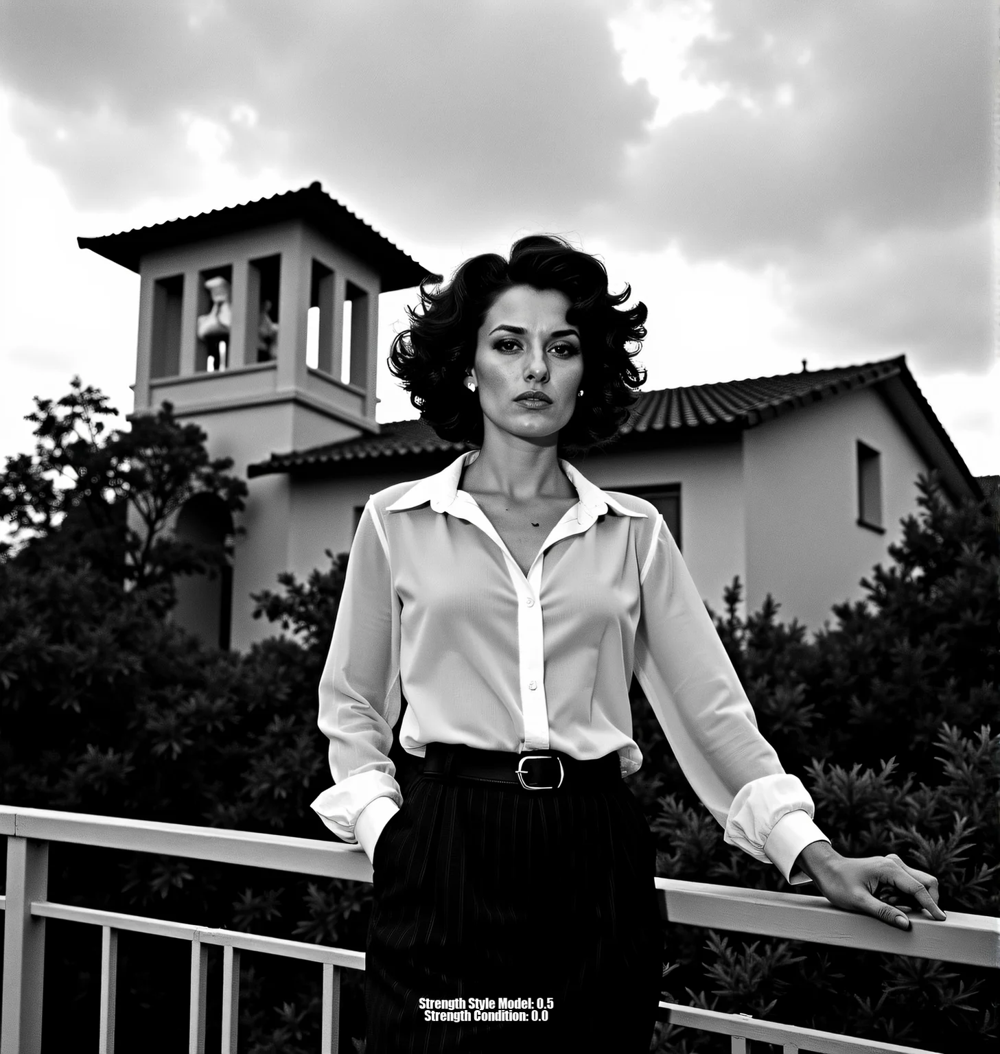 A high-contrast black and white photograph, inspired by Helmut Newton and Peter Lindbergh. A glamorous woman with short, curly hair, wearing a partially unbuttoned sheer button-down shirt tucked into high-waisted trousers. She leans against a railing, cigarette in hand, against a backdrop of cloudy skies, architectural details, and foliage. Shot from a slightly low angle with strong chiaroscuro lighting, creating deep shadows and a dramatic mood. Sharp focus on the foreground with a shallow depth of field. Evoke a timeless, sophisticated aesthetic, reminiscent of classic Hollywood glamour meets raw, unfiltered emotion. Limited grayscale palette, emphasizing texture and form, with a touch of Anton Corbijn's starkness and mood.<lora:_Flux\_Photographer\Helmut_Newton-000001.safetensors:0.8000000000000002:0.8000000000000002>