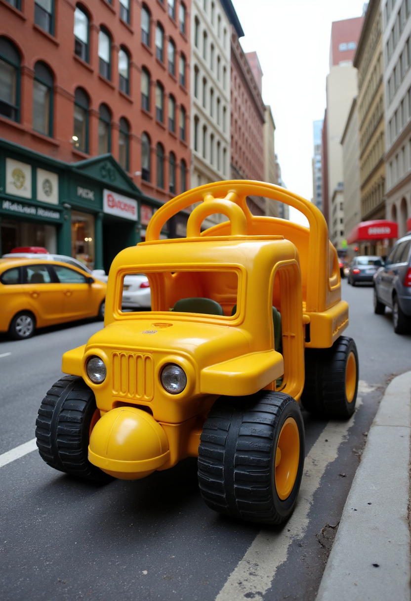 80s fisher price version of a garbage truck on the mean streets of nyc, FP80S style, fisher price 80s style