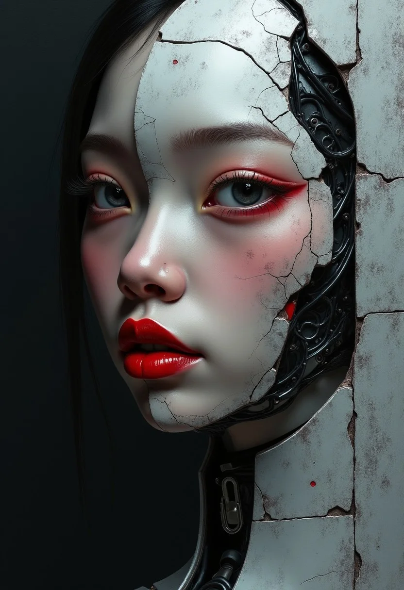 stoneplay69 style painting biomechanical cyberpunk A captivating minimalist, a shy and alluring asian thai woman. The left half of her face is visible, with her delicate features seamlessly merging into a concrete wall of gray. Her soft, bright red lips contrast against the monochromatic background, drawing the viewer's attention. Her eyes hold a subtle, mysterious expression that exudes both haunting and enchanting vibes. The simplicity of the composition, with its stark contrast, evokes a sense of ethereal beauty. by Sasan. black background. . cybernetics, human-machine fusion, dystopian, organic meets artificial, red, intricate, highly detailed