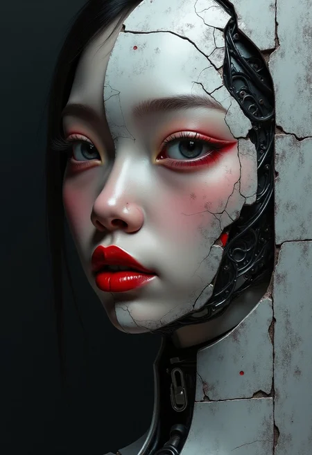 stoneplay69 style painting biomechanical cyberpunk A captivating minimalist, a shy and alluring asian thai woman. The left half of her face is visible, with her delicate features seamlessly merging into a concrete wall of gray. Her soft, bright red lips contrast against the monochromatic background, drawing the viewer's attention. Her eyes hold a subtle, mysterious expression that exudes both haunting and enchanting vibes. The simplicity of the composition, with its stark contrast, evokes a sense of ethereal beauty. by Sasan. black background. . cybernetics, human-machine fusion, dystopian, organic meets artificial, red, intricate, highly detailed