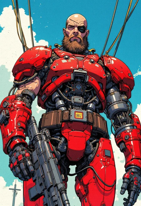 A rugged cyberpunk warrior with a bald head, thick beard, and an eyepatch, equipped with massive red cybernetic armor. His mechanical arms are detailed with wires, gears, and pistons, showcasing a blend of human and machine. He holds a futuristic firearm while standing against a bright blue sky with industrial cables in the background. Comic book illustration style, highly detailed, vibrant colors, gritty texture