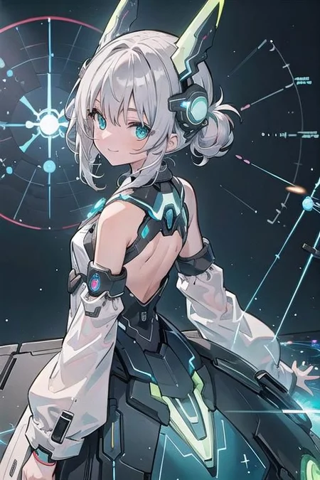 (masterpiece), (science fiction:1.4), 1girl, her back turned, smile, silver hair, aqua eyes, headgear, long sleeves, detached sleeves, glowing energy clothing, light particles