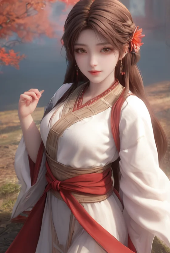1girl,solo,brown hair,hair ornament,braid,long hair,wide sleeves,looking at viewer,brown eyes,jewelry,hair flower,long sleeves,sash,dress,mischevious smile,perfect body,scenery,sharp focus,best quality,masterpiece,detailed outfit,illustration,perfect eyes,finely detailed beautiful anime eyes,realistic skin,intricate details,best lighting,depth of field,ultra high resolution,cowboy_shot,dynamic pose,dynamic angle,<lora:huolinger_V1-000001:1>,