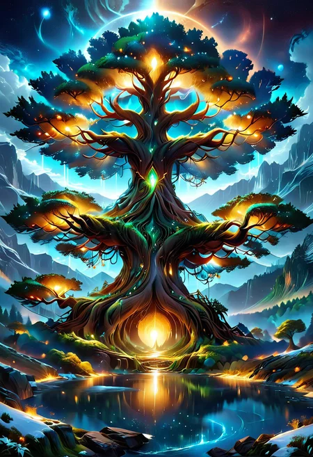 A captivating night scene illustration Yggdrasil tall on a large snowy mountain overlooking a lake. lthndrtrl, Yggdrasil, emits a warm glow, highlighting its incredible magic and grandness. The snowy hill is covered in great pine trees, reflecting on the calm, moonlit snow that mirrors the silvery moonlight. The full moon graces the sky, casting an ethereal glow on the clouds and mountain, while wispy clouds partially obscure its brilliance, adding to the scene's mystique. Twinkling stars dot the sky, creating a celestial tapestry that harmonizes with the moon's radiance. This enchanting artwork captures a serene and peaceful night, where the illuminated Yggdrasil stands resolute amidst the celestial beauty, creating a cinematic experience., illustration, cinematic, lthndrtrl, Yggdrasil
<lora:DonM3t3rn1tyXL-v1.1:0.7>, DonM3t3rn1tyXL,
OverallDetailXL <lora:MJ52:0.3> <lora:SDXLFaeTastic2400:0.4> <lora:EpicF4nta5yXL:0.7>