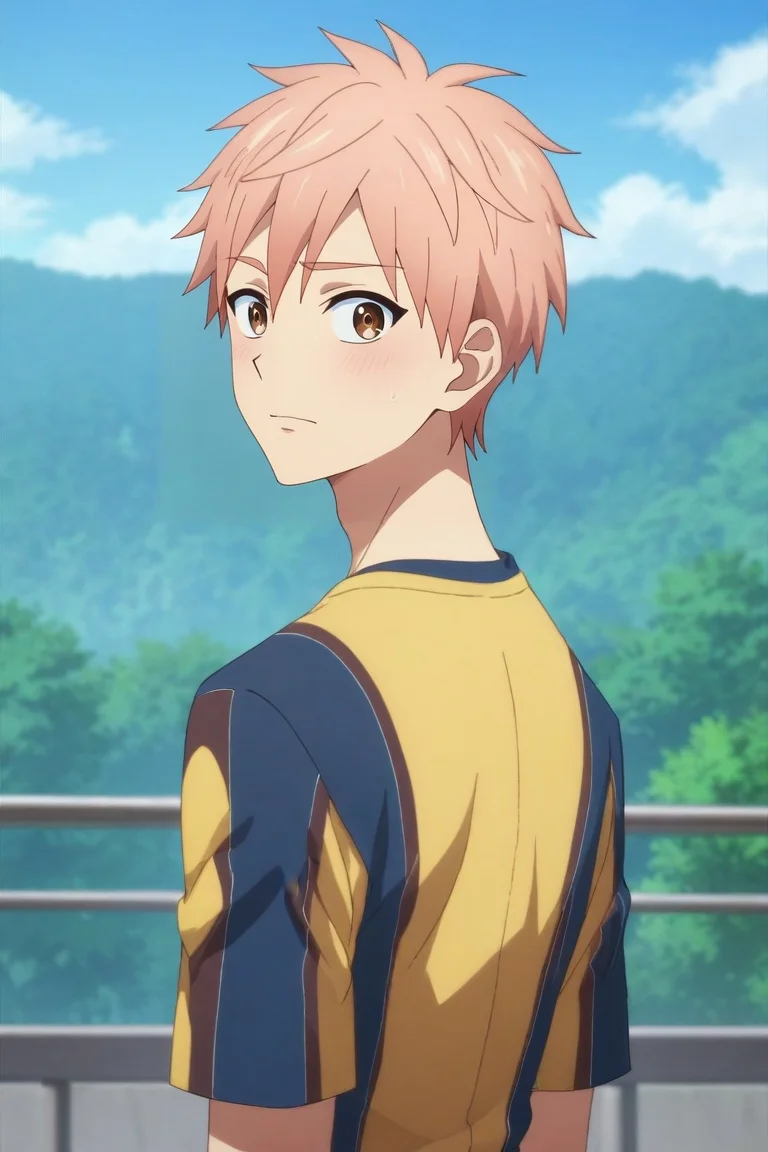 score_9, score_8_up, score_7_up, source_anime, rating_safe, , semi-realistic, looking at viewer, depth of field, 1boy, solo, male focus, <lora:shion_asuma_pony:0.84>, shion_asuma, pink hair, brown eyes, short hair, straight-on, machu picchu, day, looking back, nervous, , <lora:sdxl_lightning_8step_lora:1>
