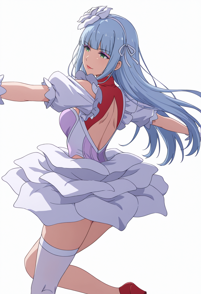 Smooth Quality,masterpiece,very intricate, high quality details, ultra realistic, high detailed skin,detailed enviorement,absurdres,
 <lora:Manami_Supernova_CNR:0.8> manami_cnr, 1girl,blue hair, long hair, blunt bangs, green eyes, makeup, lipstick,white flower,hair flower, hair ornament,dress, white dress,  leotard, skirt,maid headdress, short sleeves, puffy sleeves, single thighhigh, red shoes,white ribbon,clothing cutout, cleavage cutout,, simple background, white background, from behind,solo,
jumping pose, arms spread wide, legs bent mid-air, joyful expression, dynamic energy,  ,, | |,