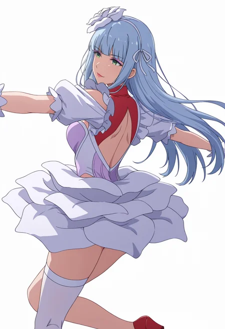 Smooth Quality,masterpiece,very intricate, high quality details, ultra realistic, high detailed skin,detailed enviorement,absurdres,
<lora:Manami_Supernova_CNR:0.8> manami_cnr, 1girl,blue hair, long hair, blunt bangs, green eyes, makeup, lipstick,white flower,hair flower, hair ornament,dress, white dress, leotard, skirt,maid headdress, short sleeves, puffy sleeves, single thighhigh, red shoes,white ribbon,clothing cutout, cleavage cutout,, simple background, white background, from behind,solo,
jumping pose, arms spread wide, legs bent mid-air, joyful expression, dynamic energy, ,, | |,