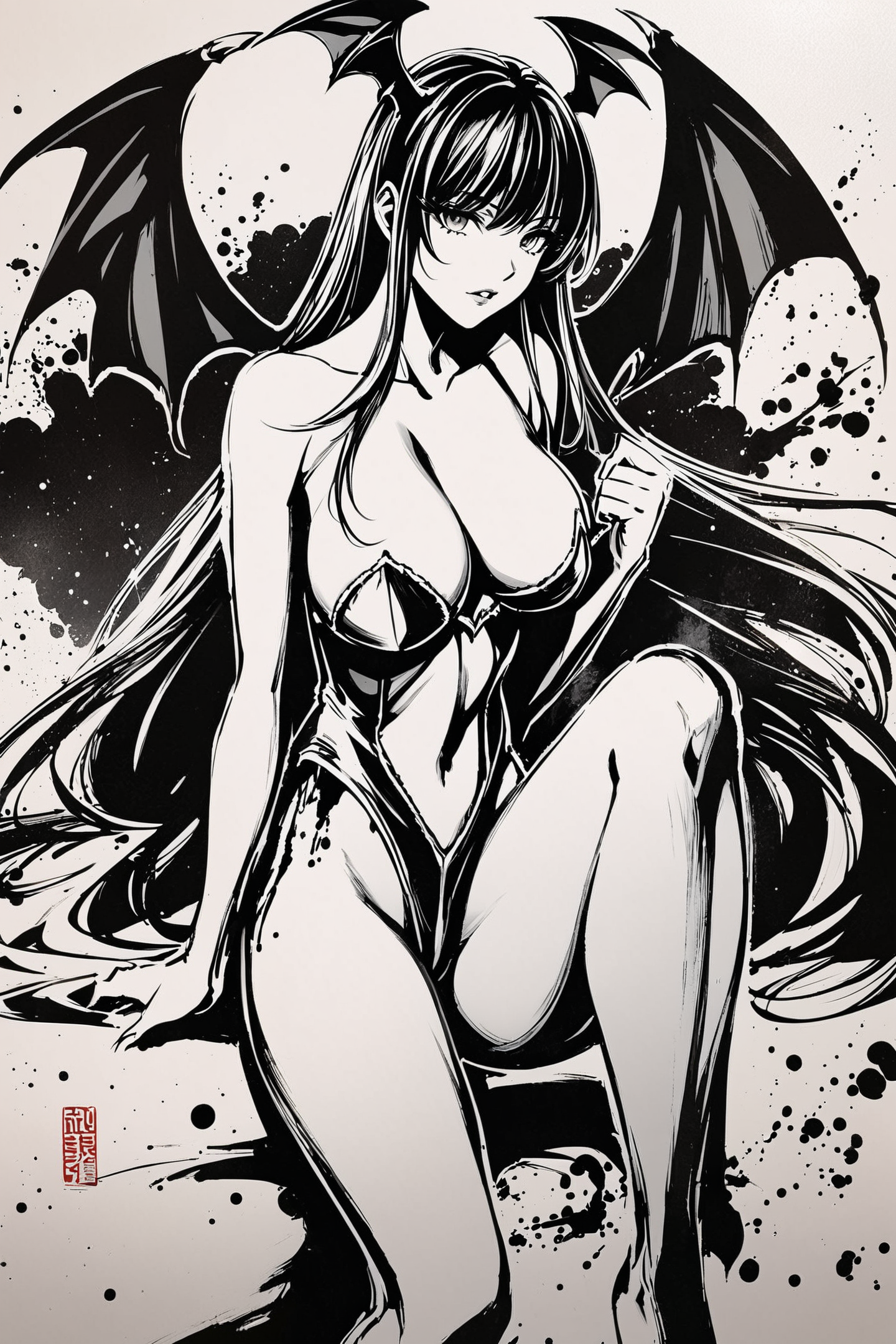 score_9,score_8_up,score_7_up,masterpiece,best quality,
monochrome,greyscale,morrigan aensland,head wings,pantyhose,1girl,long hair,wings,breasts,leotard,demon girl,wings,bare shoulders,large breasts,bat (animal),lips,bat wings,cleavage,parted lips,collarbone,ink \(medium\),
<lora:okazu_XL_PONY:0.9>,