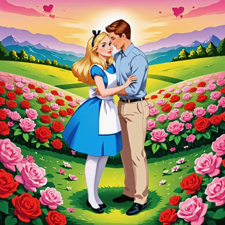 F1CNQRJCouple,A digital illustration depicts a romantic scene with a couple embracing in a vibrant field of red and pink roses. The couple stand amidst the flowers. The background features rolling hills and a sunset sky with hearts floating above., Alice, Blonde hair, Blue eyes, Fair skin, Long hair, Hair ribbon, Blue dress, White stockings, Black shoes, Clean appearance, AliceWaifu