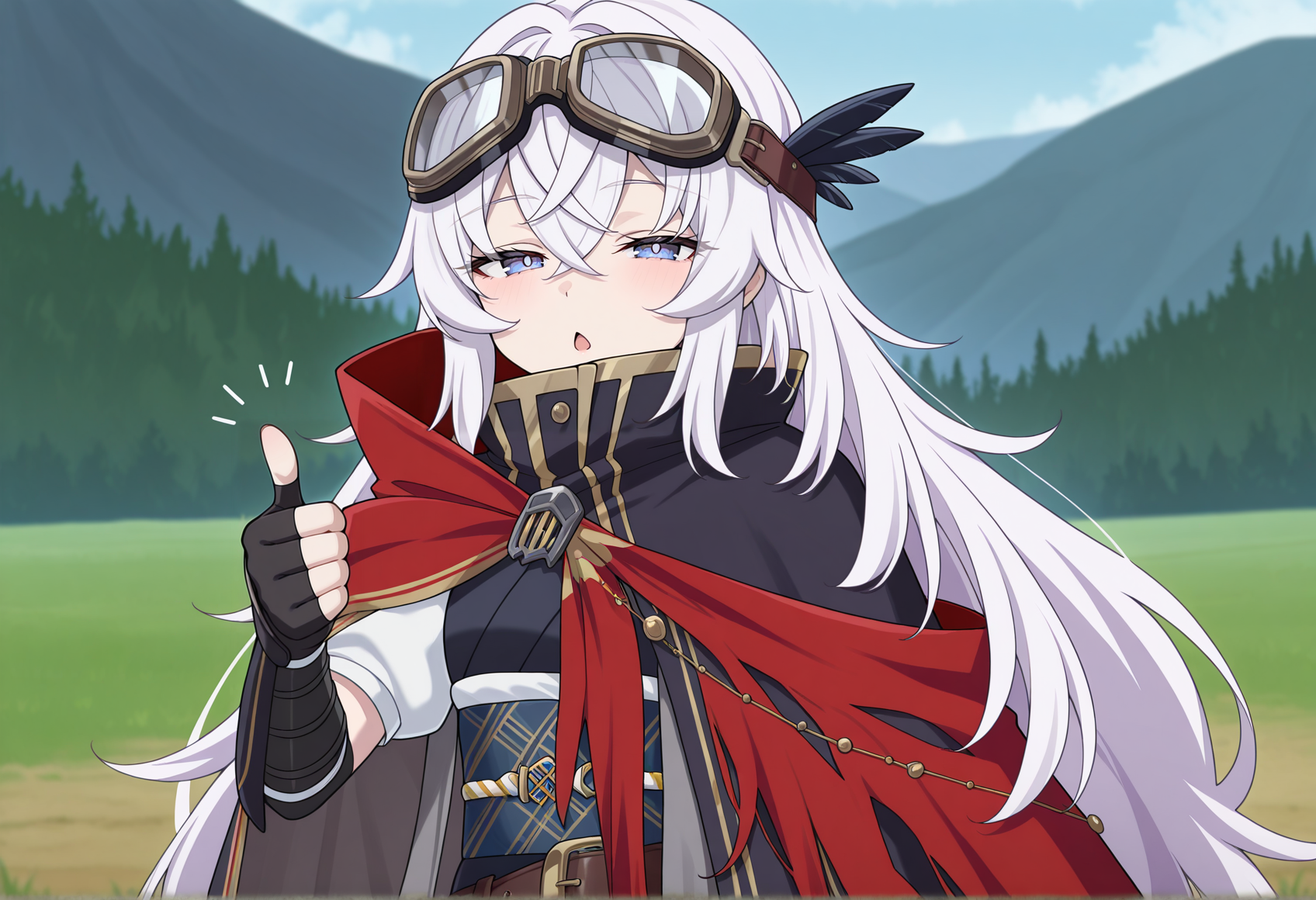 anime screenshot, anime screencap, anime coloring, 1girl, japanese clothes, white short sleeves, obi, belt, gauntlets, fingerless gloves, goggles on head, cape, cloak, upper body, half-closed eyes, chestnut mouth, thumbs up, outdoors, looking at viewer,  <lora:saika_magoichi:1>, masterpiece, best quality, amazing quality, very aesthetic, absurdres, highres, newest