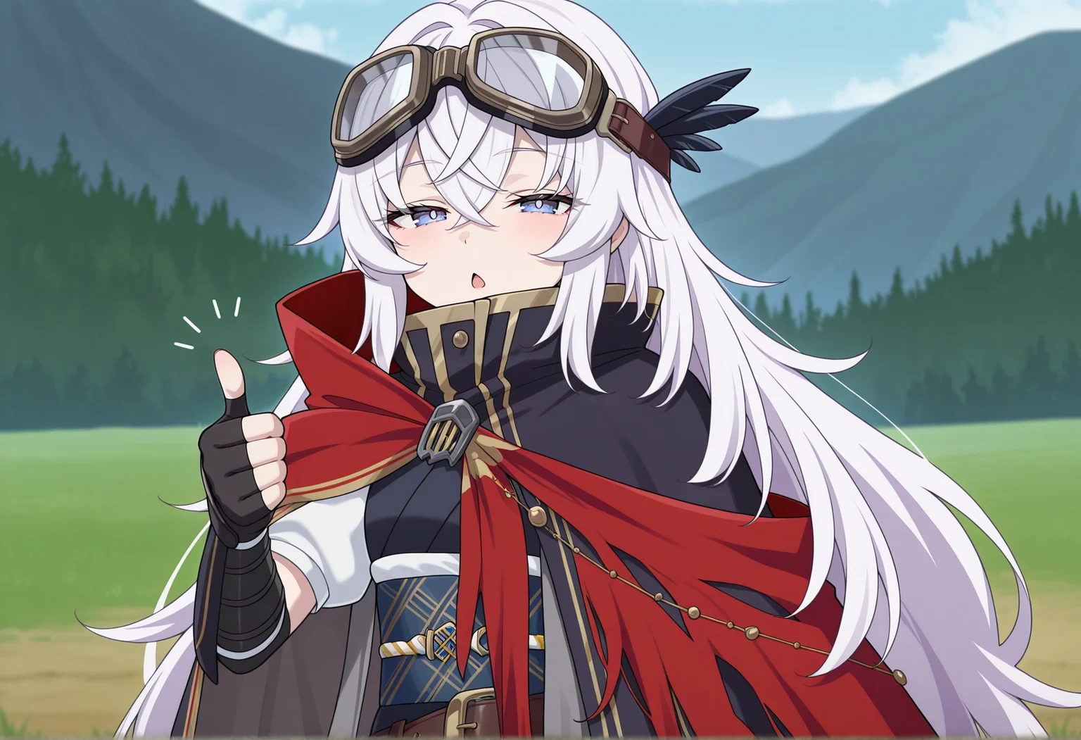 anime screenshot, anime screencap, anime coloring, 1girl, japanese clothes, white short sleeves, obi, belt, gauntlets, fingerless gloves, goggles on head, cape, cloak, upper body, half-closed eyes, chestnut mouth, thumbs up, outdoors, looking at viewer,  <lora:saika_magoichi:1>, masterpiece, best quality, amazing quality, very aesthetic, absurdres, highres, newest