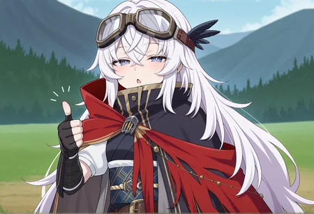 anime screenshot, anime screencap, anime coloring, 1girl, japanese clothes, white short sleeves, obi, belt, gauntlets, fingerless gloves, goggles on head, cape, cloak, upper body, half-closed eyes, chestnut mouth, thumbs up, outdoors, looking at viewer, <lora:saika_magoichi:1>, masterpiece, best quality, amazing quality, very aesthetic, absurdres, highres, newest