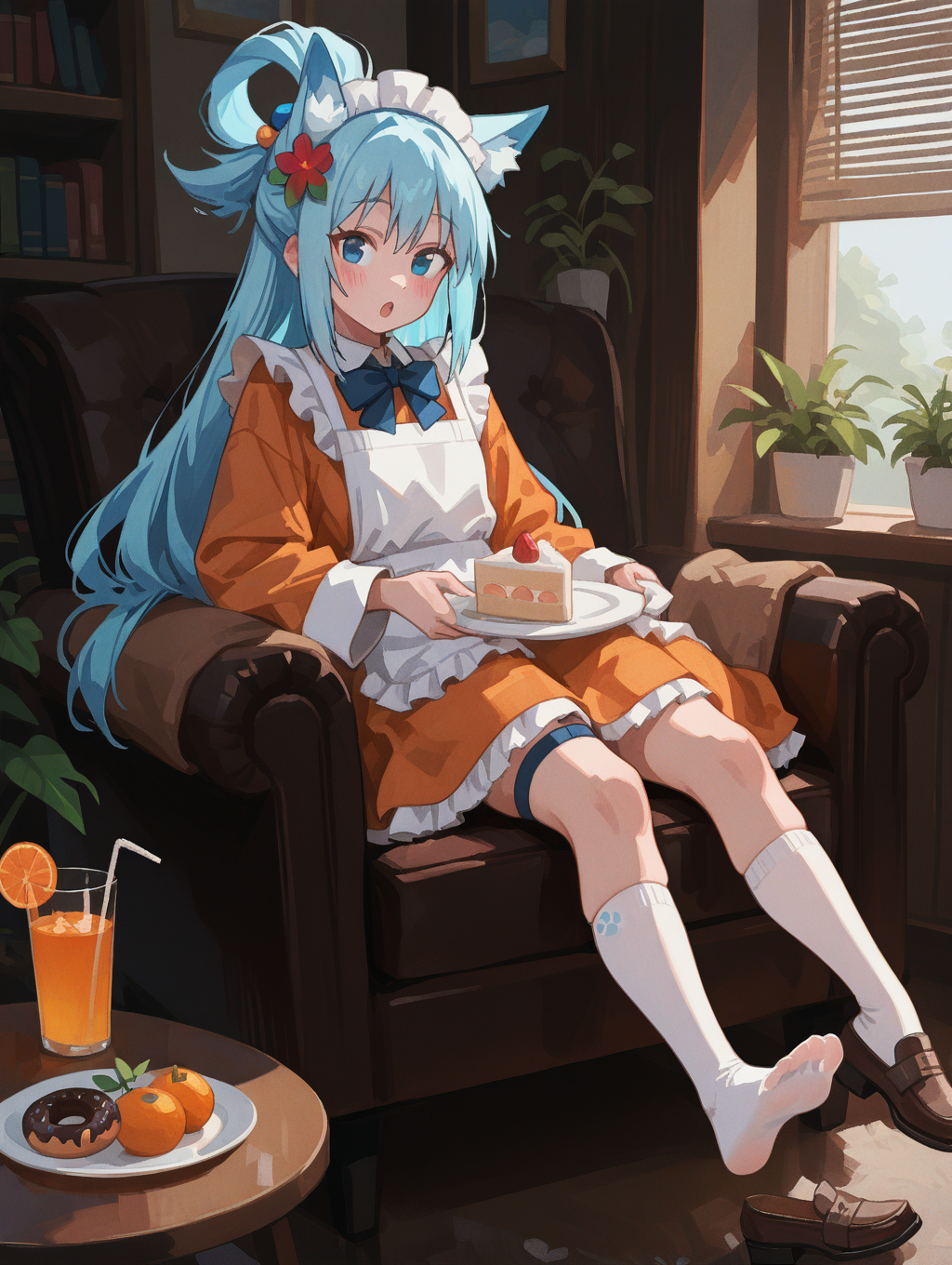 perfect quality,high quality,masterpiece,best quality,amazing quality,very aesthetic,absurdres,Cinematic Lighting,newest,Tactical use of shadow,
AquaCYQL,1girl,solo,long hair,blue hair,very long hair,hair rings,hair ornament,blue eyes,
plant,pottedplant,socks,animalears,whitesocks,cake,food,noshoes,unwornshoes,shoes,couch,lookingatviewer,indoors,cakeslice,drinkingstraw,dress,bow,animalearfluff,longsleeves,cup,frills,thighstrap,oncouch,frilledtable,openmouth,sitting,whitedress,blush,widesleeves,brownfootwear,drink,doughnut,feet,soles,holding,veryfoxears,drinkingglass,bowtie,kneehighs,book,fullbody,maidheaddress,handsup,frilleddress,multicoloribbon,foxgirl,skirt,plate,orangeslice,window,whiteshirt,ribbontrim,juice,orange(fruit),loafers,cookie,bluntbangs,chair,shirt,legup,pawprint,singleshoe,toes,flower,whitebow,sidelocks,ownhandstogether,fruit,whiteribbon,armchair,apron,fork,foxtail,legs,redflower,blackbow,tail,windowblinds,bendystraw,leaf,box,:o,stuffedtoy,whiteapron,whitesleeves,orangedress,partedlips,bookshelf,whitetwo-tonedress,frilledapron,ribbon-trimmedsleeves,day,smile,lolitapillow,stuffedanimal,legsup,clothingcutout,bluebow,glass,reclining,kneesup,,
<lora:spo_sdxl_10ep_4k-data_lora_webui:0.7>,<lora:MinimalistFlatColorXL_byKonan:0.5>,<lora:96YOTTEA-WAI:0.8>,,<lora:lora-000005.by_tusi:1>,