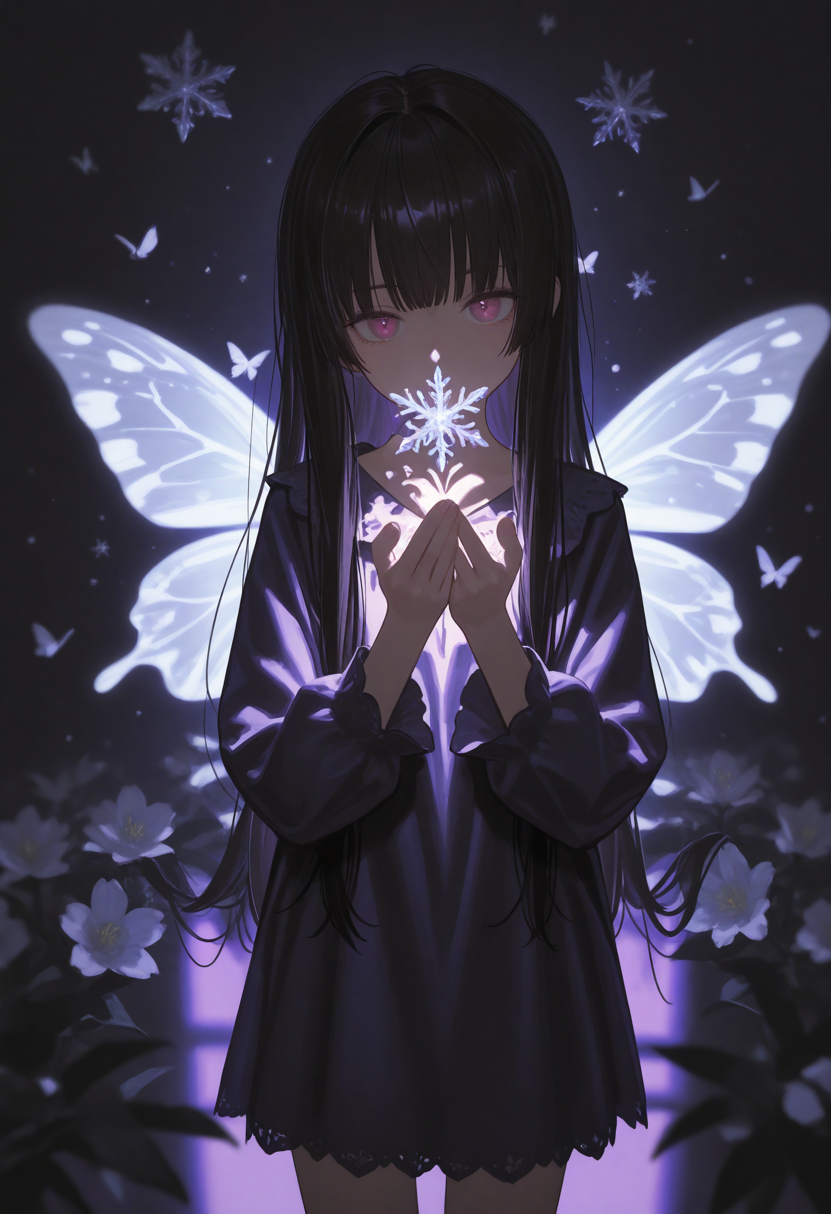 1girl, Miki, solo, bug, butterfly, bangs, black hair, looking at viewer, long hair, blunt bangs, covered mouth, purple eyes, purple theme, eyelashes, flower, pink eyes, snowflakes look like crystals, dark_theme,abstract background, depth of field,white sphere on the background,cowboy shot, wings,  <lora:EL3GY-V15_purged:0.4> <lora:[Style]_Hara_ID_21_[Illustrious-XL]:1> <lora:SocratesaxStyle2-000009:0.3> <lora:HonnryouHanaru-Style:0.5> <lora:moyu:0.3> <lora:lightingSlider:-0.8> <lora:None:1.0>