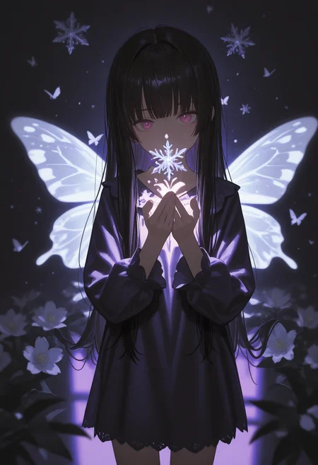 1girl, Miki, solo, bug, butterfly, bangs, black hair, looking at viewer, long hair, blunt bangs, covered mouth, purple eyes, purple theme, eyelashes, flower, pink eyes, snowflakes look like crystals, dark_theme,abstract background, depth of field,white sphere on the background,cowboy shot, wings,  <lora:EL3GY-V15_purged:0.4> <lora:[Style]_Hara_ID_21_[Illustrious-XL]:1> <lora:SocratesaxStyle2-000009:0.3> <lora:HonnryouHanaru-Style:0.5> <lora:moyu:0.3> <lora:lightingSlider:-0.8> <lora:None:1.0>