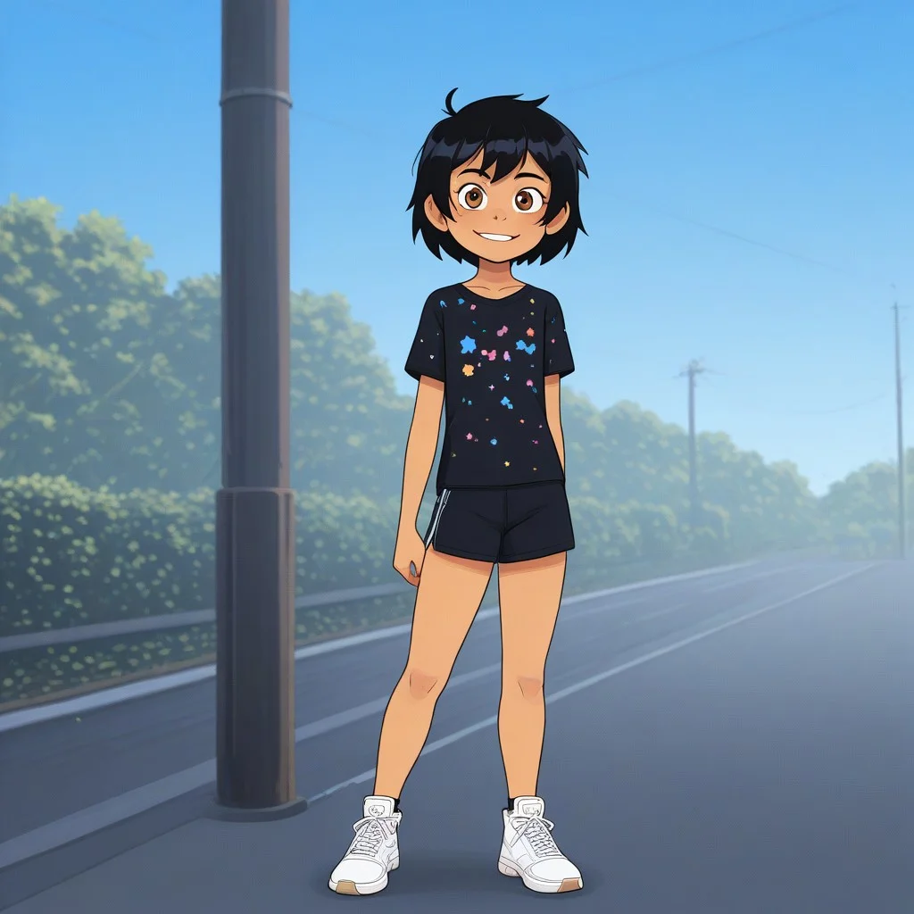 PeniP, black hair, short hair, brown eyes, Triplevexx Style, 1girl, solo.
blue sky.
random clothes, sneakers.
place random.
very aesthetic, best quality, high resolution.
looking from right, smiling.