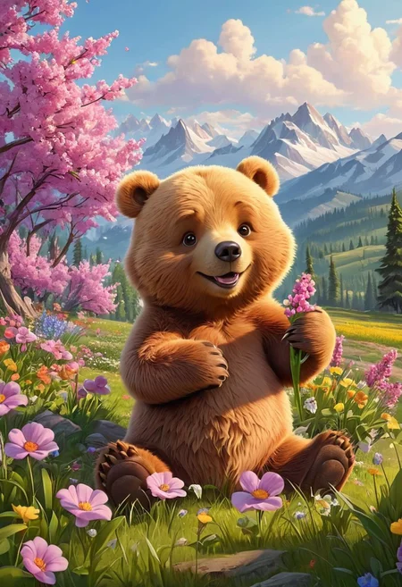 cute cartoon character, bear enjoying springtime flowers, (((masterpiece))),(best quality)
