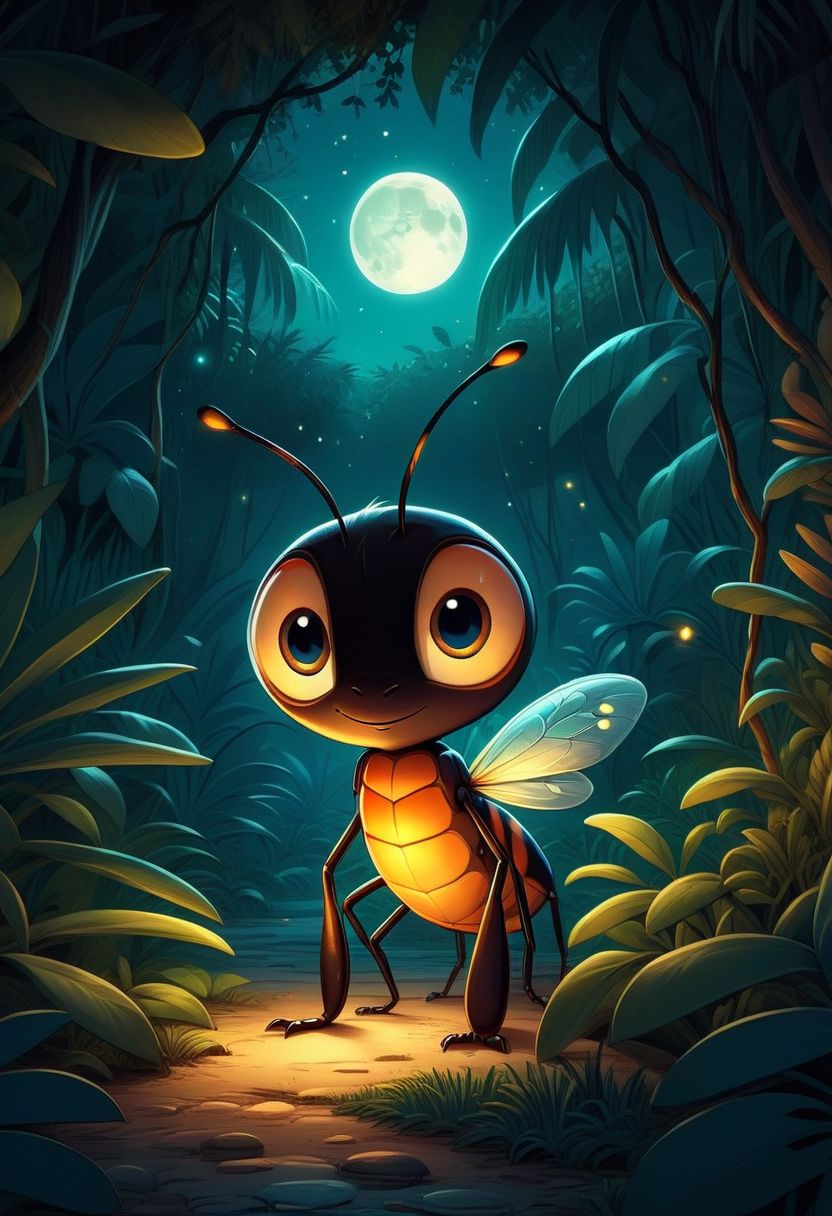 a cute firefly inside a jungle, night, moonlight. cartoony, funny, detailed, magical, beautiful, depth of field, deep shadows, intricate,