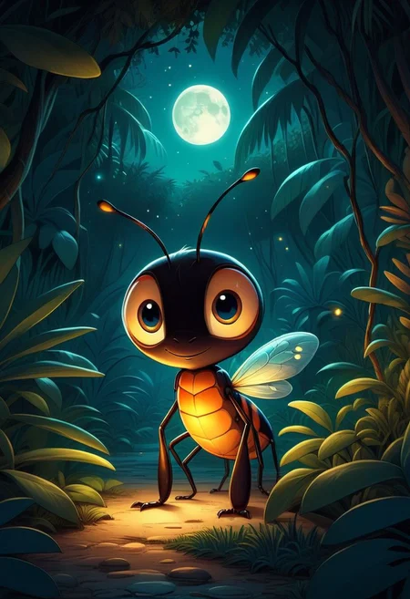 a cute firefly inside a jungle, night, moonlight. cartoony, funny, detailed, magical, beautiful, depth of field, deep shadows, intricate,
