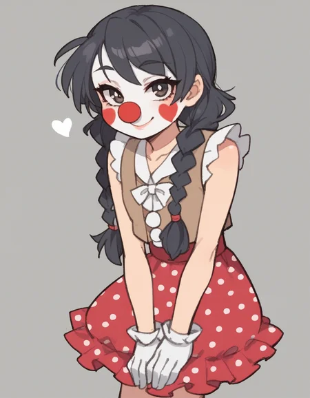 zPDXL, score_9, score_8_up, score_7_up, source_anime, flat color, sketch,
1girl, solo, seductive smile, (looking_afar), Candice, twin braids, black hair, clown, red plastic nose, white face paint, wearing a rainbow-colored polka-dot vest,tutu skirt,polka-dot shoes, black hair in pigtails, oversized bow tie, heart design on cheeks,
<lora:TemmieChang_ver2:1> tmchng, .