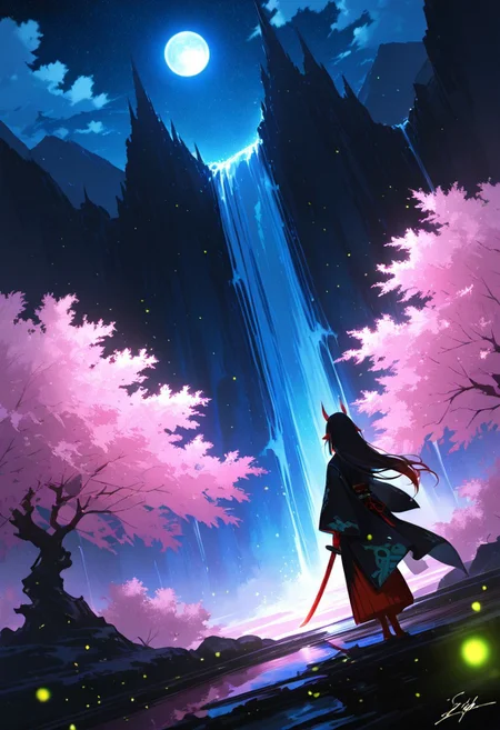 simple background, signature, wide sleeves, black background, ,4ki4k4ne_illu, XUER guangying,
BREAK
(sexy, slutty, hot, aroused), HDR, high contrast , masterpiece, best quality, very aesthetic, high resolution, ultra-detailed, absurdres,volumetric lighting, dramatic shadows, cinematic lighting, newest,illustration, perfect composition,perspective,incredibly absurdres,cute, nsfw, raytracing,soft lightin, highly detailed,Dutch angle,
BREAK
Aka-Oni, oni, colored skin, (red skin:1.3), smooth horns, black horns, long hair, floating hair,
BREAK
black haori, overcoat, japanese clothes, cherry blossoms, mountains, meadows, scenery, blue skies, clouds, summer, bosstyle, fantasy, night, starry sky, light particles, fireflies, moon, waterfall, facing away, holding sword, planted sword, katana, hands on sword,cinematic, epic, official art, bloom,