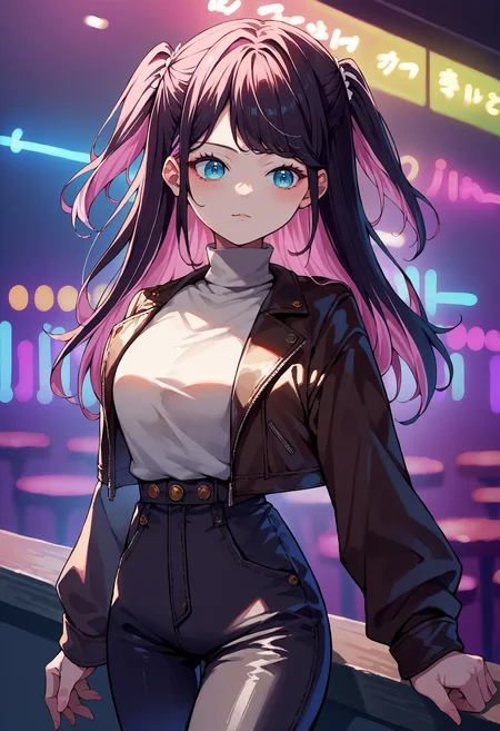 score_9, score_8_up, source_anime, 1girl, solo, NazunaKaga, blue eyes, multicolored hair, black hair, pink hair, long hair, two side up, cowboy shot, nightclub, neon lights, bokeh, depth of field, makeup, leather jacket, turtleneck, high waist pants, <lora:ChamNazunaKagaPonyXL:1>