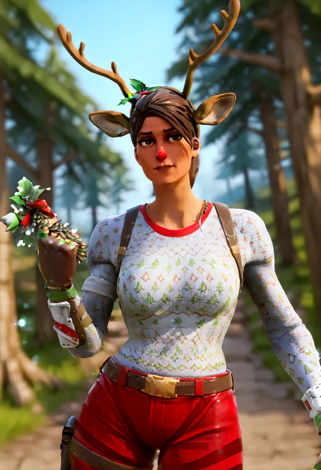 IllustriousQual <lora:StS-Illustrious-Detail-Slider-v1.0:2> <lora:cfg_scale_boost:0.3> detailed_background, mushroom forest <lora:Red-Nosed_Raider_IL_-_v1:1> RedNosedRaiderIL, brown hair, brown eyes, antlers, reindeer ears, reindeer-themed, holiday outfit, headband, mistletoe, brown gloves, fingerless gloves, combat boots, white sweater, red pants, christmas sweater, patchwork pants, brown boots, belt, shin guards, Dancing with one hand above the head, dutch angle, frown